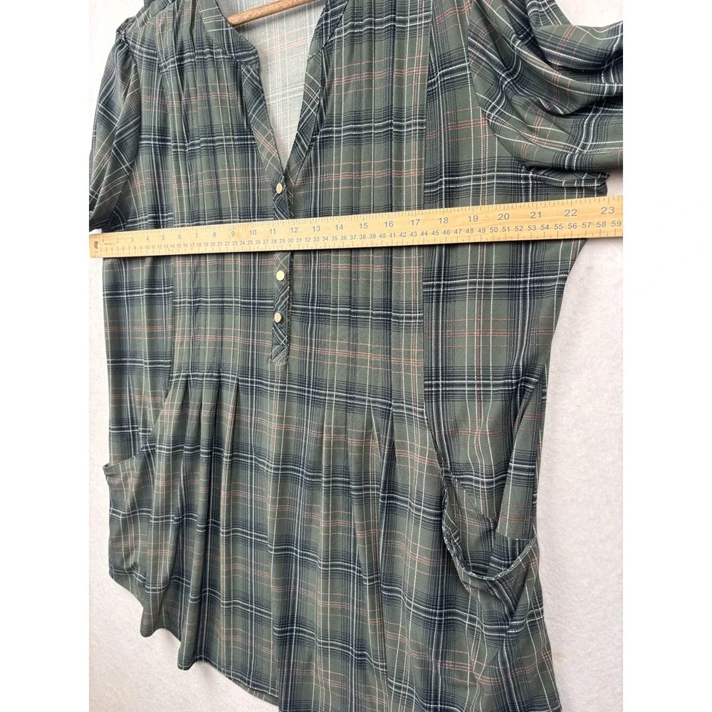 Roz and Ali Tunic Womens 1X Plaid Henley Roll Tab Sleeve